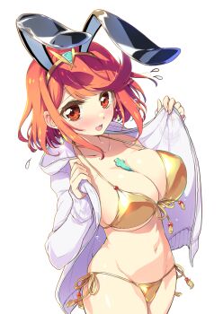 1girl :d alternate_costume animal_ears between_breasts bikini blush breasts chest_jewel cleavage collarbone cowboy_shot earrings fake_animal_ears flying_sweatdrops gold_bikini highres jacket jewelry long_sleeves looking_at_viewer lying navel on_stomach open_clothes open_jacket open_mouth pyra_(xenoblade) rabbit_ears red_eyes red_hair ribbon see-through_clothes see-through_jacket short_hair side-tie_bikini_bottom simple_background smile solo swept_bangs swimsuit tiara watsuki_ayamo white_background white_jacket xenoblade_chronicles_(series) xenoblade_chronicles_2 yellow_ribbon