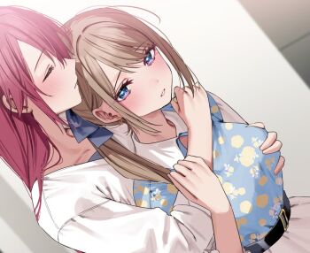 2girls blue_hair blue_shirt blush breasts brown_hair chigusa_minori closed_eyes commentary_request earrings groping hug hug_from_behind jewelry long_hair medium_breasts mishima_yukinobu multiple_girls open_mouth red_hair second-party_source shirt tatsuhime_rabu three-quarter_sleeves watashitachi_fake_marriage? white_shirt yuri