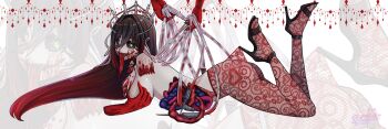 1girl amputee artist_logo black_hair black_sclera black_shoes blood bluepie breasts colored_sclera disembodied_hand gradient_hair green_eyes hair_between_eyes high_heels highres indie_virtual_youtuber intestines layna_lazar logo long_hair long_tongue multicolored_hair pointy_ears red_hair shoes solo tongue virtual_youtuber