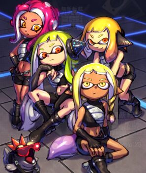 4girls agent_3_(splatoon) agent_3_(splatoon_3) agent_4_(splatoon) agent_8_(splatoon) belt blonde_hair commentary_request glowing_glasses green_hair headset highres inkling_girl inkling_player_character mohawk multiple_belts multiple_girls neon_lights nintendo octoling_girl octoling_player_character orange_eyes ovolo123 pointy_ears red_hair salmonid sleeveless sleeveless_turtleneck smallfry_(splatoon) splatoon_(series) tentacle_hair turtleneck twitter_username yellow_eyes