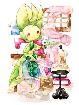 book book_stack closed_mouth curtains full_body gen_5_pokemon highres leavanny mannequin nintendo non_(kumakawayusu) painting_(medium) pokemon pokemon_(creature) red_eyes sewing_machine signature smile solo traditional_media watercolor_(medium) window
