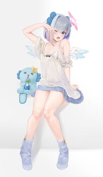 1girl alternate_costume amane_kanata angel angel_wings animal_ears armpit_crease axolotl blue_hair casual colored_inner_hair commentary_request dress fake_animal_ears feet flat_chest grey_hair hairband halo highres hololive loose_socks multicolored_hair nekoi_(nekoi_0116) one_eye_closed open_mouth short_hair simple_background sitting socks solo star_halo toothpaste upao_(amane_kanata) virtual_youtuber white_background wings
