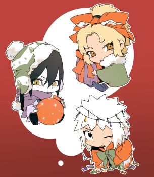 1girl 2boys alternate_costume bad_tag beanie black_eyes black_hair blonde_hair bow box brown_eyes cape chibi christmas christmas_lights christmas_ornaments christmas_tree closed_mouth dot_mouth eyeliner facial_mark fluffy_collar gift gift_box hat helmet highres japanese_clothes jiraiya_(naruto) kimono long_hair makeup multiple_boys naruto_(series) naruto_shippuuden one_eye_closed orochimaru_(naruto) pale_skin pom_pom_(clothes) pom_pom_beanie slit_pupils snowflakes spiked_hair sweat tsunade_(naruto) u6293 white_hair