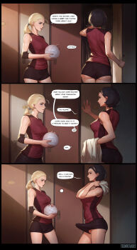 ... 1futa 1girl 3koma absurdres ass ball black_hair blue_eyes borrowed_character breasts bulge buruma cameltoe comic elbow_pads english_text erection erection_under_clothes futa_with_female futanari green_eyes hairband highres large_breasts large_penis locker locker_room long_hair medium_breasts multiple_girls original penis penis_awe short_hair short_shorts shorts sleeveless sportswear tarakanovich towel towel_around_neck volleyball_(object) volleyball_uniform