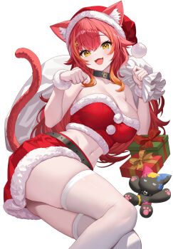 1girl :d absurdres animal_ear_fluff animal_ears bare_shoulders black_choker box breasts cat_ears cat_tail choker cleavage commentary_request cosmetics ears_through_headwear fang fur-trimmed_headwear fur-trimmed_skirt fur-trimmed_tube_top fur_trim fur_wrist_cuffs gift gift_box hair_flaps hat highres holding holding_sack large_breasts lipstick_tube long_hair looking_at_viewer lying midriff miniskirt multicolored_hair navel nekota_tsuna on_side open_mouth orange_eyes orange_hair paw_pose pom_pom_(clothes) red_hair red_hat red_skirt sack santa_costume santa_hat sidelocks simple_background skirt smile solo strapless streaked_hair sunamama4788 tail thighhighs tube_top virtual_youtuber vspo! white_background white_thighhighs wrist_cuffs yellow_eyes