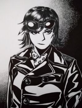 1girl absurdres black_jacket bordfunker133 breast_pocket goggles goggles_on_head greyscale hans-joachim_marseille highres jacket leather leather_jacket marseille-chan_(bordfunker133) medium_hair monochrome nazi original pocket real_life scarf serious shoulder_boards solo upper_body world_war_ii