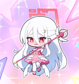 1girl blue_archive blush crescent crescent_hair_ornament dress embarrassed full_body hair_ornament halo hashtag-only_commentary holding holding_staff jhsd7152 kei_(blue_archive) long_hair low_wings mage_staff magical_girl official_alternate_costume open_mouth red_eyes red_halo solo staff suzumi_(blue_archive) suzumi_(magical)_(blue_archive) white_hair wings