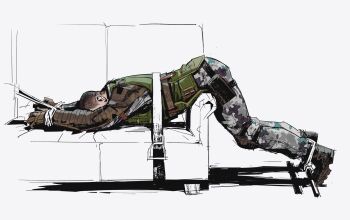 Rule 34 | 1boy, bent over, black boots, boots, bound, bound wrists, buzz cut, camouflage, camouflage pants, camouflage shirt, chinese commentary, commentary request, couch, fukurau, full body, green vest, highres, male focus, pants, shirt, short hair, simple background, solo, stalker (game), stalker 2: heart of chornobyl, strider (stalker), very short hair, vest, white background, white pants, white shirt