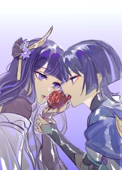 1boy 1girl armor black_bodysuit blue_cape blue_sleeves blunt_bangs blunt_ends bodysuit braid bridal_gauntlets cape chinese_commentary couple duplicate eating eye_contact eyelashes eyeliner eyeshadow fan_hair_ornament flower food fruit genshin_impact gold gold_ring gradient_background grey_bridal_gauntlets grey_hair hair_flower hair_ornament highres holding holding_another&#039;s_wrist holding_food holding_fruit japanese_armor japanese_clothes kimono kote kurokote layered_sleeves licking_fruit liquid_from_mouth long_hair looking_at_another makeup middle_ring mole mole_under_eye mother_and_son multicolored_hair nihaowojiaoshanghetu off_shoulder pomegranate purple_background purple_eyes purple_flower purple_hair purple_kimono purple_rope raiden_shogun red_eyeliner red_eyeshadow red_lips rope scaramouche_(genshin_impact) shared_food short_sleeves shrug_(clothing) streaked_hair tassel tassel_hair_ornament tongue tongue_out turtleneck turtleneck_bodysuit twitter_username upper_body wanderer_(genshin_impact) white_background white_kimono white_sleeves wolf_cut