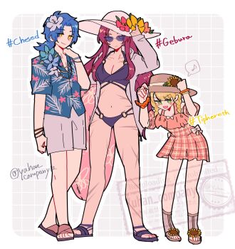 Rule 34 | 1boy, 2girls, :d, adjusting clothes, adjusting headwear, alternate costume, alternate hairstyle, artist name, bare shoulders, bikini, black bikini, blonde hair, blue flower, blue hair, blue shirt, blush, border, bracelet, braid, character name, chesed (project moon), closed mouth, commentary request, dress, expressionless, flower, frown, full body, gebura (project moon), green eyes, grey background, grey eyes, grey jacket, grey shorts, grid background, hair flower, hair ornament, hand up, hat, hat flower, heterochromia, highres, holding, holding swim ring, innertube, jacket, jewelry, library of ruina, long hair, long sleeves, looking at viewer, multiple girls, musical note, navel, necklace, open clothes, open jacket, open mouth, orange scrunchie, outline, outside border, pink dress, ponytail, project moon, sandals, scar, scar on arm, scar on chest, scar on face, scar on hand, scrunchie, shirt, short sleeves, shorts, sidelocks, simple background, smile, spoken musical note, standing, sun hat, sunflower, sunglasses, swim ring, swimsuit, tiphereth a (project moon), twin braids, twitter username, v-shaped eyebrows, very long hair, watermark, white border, white flower, white hat, white outline, wrist scrunchie, yellow eyes, yuhan company12