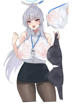 1girl absurdres black_bra black_pantyhose black_skirt blue_archive blush bra breasts commentary covered_erect_nipples english_commentary grey_hair halo hangetsu15 highres id_card large_breasts long_hair looking_at_viewer mechanical_halo multiple_views noa_(blue_archive) open_mouth pantyhose pencil_skirt ponytail purple_eyes see-through_clothes see-through_shirt shirt simple_background skirt smile solo underwear unworn_bra wet wet_clothes wet_shirt white_background white_shirt