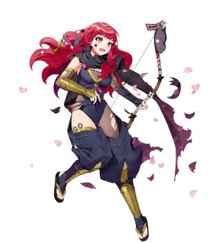 1girl black_scarf bodystocking bow_(weapon) breasts cleavage covered_navel damaged fire_emblem fire_emblem_engage fire_emblem_heroes fishnet_bodystocking fishnet_thighhighs fishnets floral_print fox_mask hair_ornament highres holding holding_bow_(weapon) holding_weapon japanese_clothes long_hair mask medium_breasts navel ninja nintendo non-web_source official_alternate_costume official_art open_mouth pantyhose red_eyes red_hair sandals scarf single_thighhigh solo star_(symbol) star_hair_ornament thighhighs torn_bodystocking torn_clothes torn_pantyhose torn_scarf weapon yunaka_(fire_emblem) yunaka_(ninja)_(fire_emblem)
