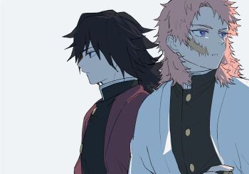Rule 34 | 2boys, black hair, black jacket, buttons, facial scar, gold buttons, hair between eyes, haori, highres, jacket, japanese clothes, kimetsu no yaiba, long hair, low ponytail, male focus, multiple boys, orange hair, parted lips, ponytail, profile, purple eyes, sabito (kimetsu), scar, scar on cheek, scar on face, simple background, spiked hair, teeth, tomioka giyuu, upper body, white background, white haori, xarhiwi