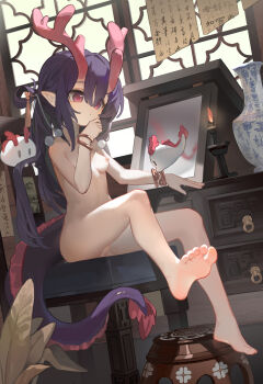 1girl absurdres architecture barefoot bracelet breasts calligraphy candle chair commentary_request completely_nude creature desk dragon_girl dragon_horns dragon_tail east_asian_architecture feet ghost hair_ornament highres horns indoors jewelry kele_mimi large_variant_set loli long_hair mirror nipples nude original pink_eyes pom_pom_(clothes) pom_pom_hair_ornament purple_hair pussy qinghua_(porcelain) sitting small_breasts soles solo stool tail toes variant_set vase window