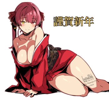 1girl absurdres artist_name bare_shoulders batta_16-sei black_choker blush breasts choker cleavage closed_mouth collarbone commentary_request highres hololive houshou_marine japanese_clothes kimono large_breasts looking_at_viewer medium_hair obi red_eyes red_hair red_kimono sash simple_background smile solo thighs translation_request twintails virtual_youtuber white_background yellow_eyes