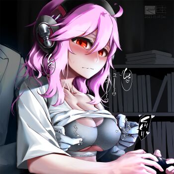 1boy 1girl ahoge bra breasts clothes_lift collarbone controller game_controller grey_bra hair_between_eyes headphones highres holding holding_controller holding_game_controller indoors large_breasts long_hair nipple_stimulation nipple_tweak purple_hair red_eyes richard_li shirt shirt_lift short_sleeves solo_focus tirpitz_(warship_girls_r) underwear warship_girls_r white_shirt