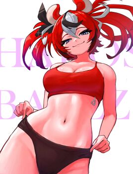 Rule 34 | 1girl, absurdres, adjusting buruma, adjusting clothes, animal ears, black bow, black buruma, black hair, black streaks, blue eyes, bow, breasts, buruma, character name, commentary, double-parted bangs, hair between eyes, hair bow, hakos baelz, half-closed eyes, highres, hololive, hololive english, looking at viewer, looking down, medium breasts, midriff, mouse ears, multicolored hair, navel, red hair, red sports bra, smirk, sports bra, standing, thighs, twintails, uneven twintails, virtual youtuber, white background, white hair, yodogama