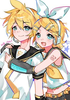 Rule 34 | 1boy, 1girl, :3, anniversary, aqua eyes, bare shoulders, bass clef, belt, black sailor collar, blonde hair, bow, brother and sister, commentary request, crop top, detached sleeves, fang, grey sailor collar, grey shorts, grey sleeves, hair ornament, hairclip, hand on another's shoulder, happy birthday, headphones, headset, highres, hug, hug from behind, kagamine len, kagamine rin, keedi, light blush, looking at viewer, midriff, navel, neckerchief, number tattoo, open mouth, parallel hairclips, sailor collar, shirt, short hair, shorts, shoulder tattoo, siblings, skinny, sleeveless, sleeveless shirt, smile, swept bangs, tareme, tattoo, treble clef, twins, vocaloid, white bow, white shirt, yellow belt, yellow neckerchief, yellow trim