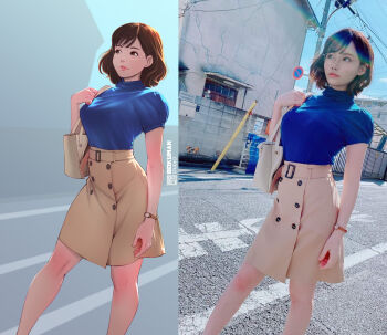 1girl arm_at_side art_study artist_name asian bad_id bad_twitter_id bag bare_legs belt blue_shirt bokuman breasts brown_eyes brown_hair brown_skirt buttons day derivative_work feet_out_of_frame female_focus glasses handbag highres japanese_(nationality) light_smile lips looking_away looking_up medium_breasts miniskirt no_parking_sign outdoors photo-referenced photo_(medium) photo_inset power_lines real_life reference_photo reference_work road road_sign round_eyewear shirt short_hair short_sleeves sign skirt smile solo standing street sunlight utility_pole watch wristwatch