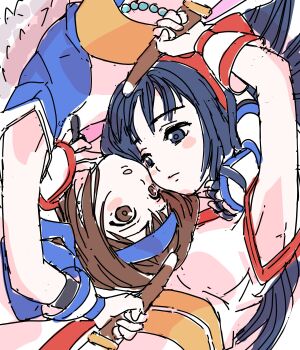 Rule 34 | 2girls, ainu clothes, arm up, armpits, blue eyes, blue hair, breasts, brown hair, fingerless gloves, gloves, hair ribbon, hand around neck, highres, large breasts, long hair, multiple girls, nakoruru, open mouth, ribbon, rimururu, samurai spirits, siblings, sisters, snk, tongue