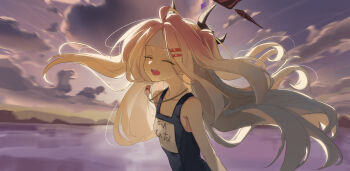 Rule 34 | 1girl, absurdres, ahoge, black halo, blue archive, breasts, demon girl, demon horns, halo, highres, hina (blue archive), hina (swimsuit) (blue archive), horns, long hair, looking at viewer, ocean, old school swimsuit, outdoors, school swimsuit, sercet, small breasts, solo, swimsuit, upper body, very long hair, whistle, whistle around neck, white hair