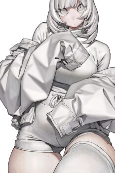 1girl closed_mouth highres kgm mole mole_on_thigh original over-kneehighs short_hair shorts simple_background sleeve_cuffs solo thighhighs white_background white_eyes white_hair white_shorts