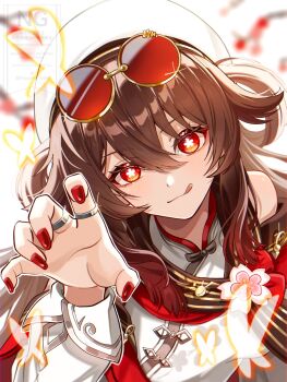 1girl bare_shoulders blurry blurry_background brown_hair bug butterfly capelet depth_of_field detached_sleeves dress flower flower-shaped_pupils genshin_impact goggles goggles_on_head hair_between_eyes hair_rings hand_up hat highres hu_tao_(cherries_snow-laden)_(genshin_impact) hu_tao_(genshin_impact) insect jewelry long_hair nail_polish official_alternate_costume popopo_84 red_capelet red_eyes red_flower red_goggles red_nails ring sidelocks simple_background sleeveless sleeveless_dress solo symbol-shaped_pupils tongue tongue_out upper_body white_background white_dress white_hat white_sleeves