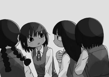 4girls abe_tomomi braid collared_shirt dress grey_background greyscale long_hair long_sleeves looking_at_another monochrome multiple_girls open_mouth original pinafore_dress school_uniform shirt short_hair simple_background sleeveless sleeveless_dress twin_braids