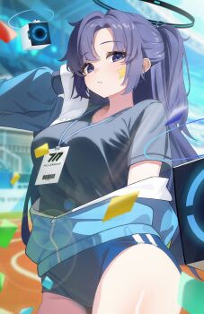 1girl absurdres aqua_jacket arm_at_side arm_up black_halo black_shirt blue_archive blue_buruma blurry blurry_background breasts buruma confetti cowboy_shot day dot_nose drone halo highres holding holding_towel id_card jacket k_cyp large_breasts long_hair long_sleeves mechanical_halo off_shoulder official_alternate_costume official_alternate_hairstyle parted_bangs parted_lips partially_unzipped ponytail purple_eyes purple_hair running_track shirt sidelocks solo stadium star_(symbol) star_sticker sticker sticker_on_face thighs towel towel_on_head track_jacket yuuka_(blue_archive) yuuka_(track)_(blue_archive)