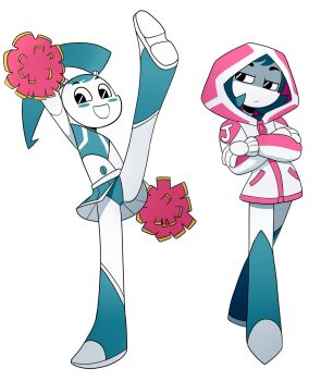 1girl android arttmadness blue_hair blue_panties cheerleader clothes_lift colored_skin commentary crossed_arms english_commentary highres humanoid_robot jenny_wakeman joints leg_up multiple_views my_life_as_a_teenage_robot panties pom_pom_(cheerleading) robot robot_girl robot_joints simple_background skirt skirt_lift sweater twintails underwear white_background white_skin