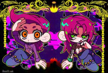 2boys chibi commentary_request crop_top crossed_legs demon_horns demon_tail diavolo fishnet_top fishnets freckles green_eyes horns jojo_no_kimyou_na_bouken long_hair looking_at_viewer male_focus midriff multiple_boys orange_eyes pants pink_hair purple_pants purple_sweater sitting sweater tail tattoo tongue tongue_out vento_aureo vinegar_doppio wings wristband yoyo00_suke