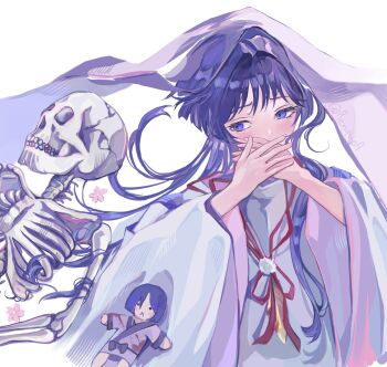 1boy alternate_hair_length alternate_hairstyle blunt_ends blush character_doll covering_own_mouth doll eyelashes feathers fingernails genshin_impact hashtag-only_commentary highres japanese_clothes kariginu kimono layered_sleeves long_hair looking_to_the_side male_focus pom_pom_(clothes) purple_eyes purple_hair purple_kimono purple_sleeves purple_veil renyupa scaramouche_(genshin_impact) scaramouche_(kabukimono)_(genshin_impact) sideways_glance skeleton solo string tasuki tsurime twitter_username veil wide_sleeves wispy_bangs yellow_feathers