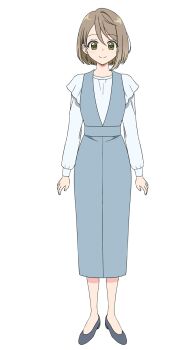 1girl android_wa_keiken_ninzuu_ni_hairimasu_ka?? asymmetrical_hair blue_dress brown_hair character_request closed_mouth dress green_eyes grey_shoes highres looking_at_viewer official_art shoes short_hair smile solo split_mouth teeth transparent_background