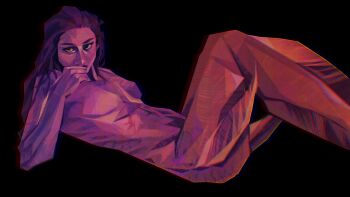 1girl abs aegyo_sal black_background black_eyes colored_skin commentary covering_own_mouth hand_over_own_mouth highres looking_at_viewer lying mermaid monster_girl nude on_back original painterly purple_hair purple_skin simple_background solo symbol-only_commentary tail_raised twulfs