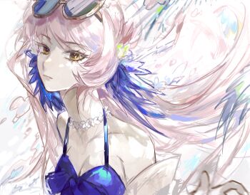 Rule 34 | 1girl, arknights, blue dress, blue hair, breasts, ceylon (arknights), ceylon (holiday) (arknights), cleavage, dress, eyewear on head, feather hair, floating hair, halterneck, highres, looking at viewer, multicolored hair, pink hair, qianzhu, sketch, sleeveless, sleeveless dress, small breasts, solo, sunglasses, two-tone hair, upper body, yellow eyes