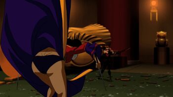 1girl arsenal_(dc) ass black_gloves black_panties bodysuit cheshire_(dc) china_dress chinese_clothes dc_comics dress facepaint full_body gloves hair_bun hair_ornament multicolored_bodysuit multicolored_dress orange_hair panties pants pantyshot purple_dress red_bodysuit red_dress roy_harper sai_(weapon) short_hair solo superhero_costume two-tone_bodysuit underwear weapon yellow_dress young_justice