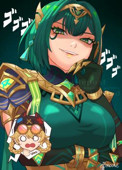 2girls arm_under_breasts blonde_hair braid breasts chest_jewel earrings evil_smile genshin_impact gloom_(expression) gloves goggles goggles_on_head green_eyes green_gloves green_hair hair_intakes hair_ornament hat highres jahoda_(genshin_impact) jewelry large_breasts long_hair looking_at_viewer menacing_(jojo) mole mole_under_eye multiple_girls mutturi_mamer18 nefer_(genshin_impact) shaded_face short_hair signature single_earring smile symbol-shaped_pupils teeth thick_eyelashes trembling twin_braids upper_body upper_teeth_only very_long_hair watermark