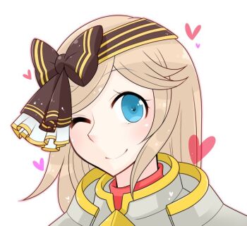 Rule 34 | 1girl, armor, blonde hair, blue eyes, bow, bow hairband, breastplate, brown bow, brown hairband, closed mouth, commentary request, hair bow, hairband, heart, long hair, looking at viewer, oekakipikki, official alternate costume, one eye closed, portrait, ragnarok online, rune knight (ragnarok online), simple background, smile, solo, white background