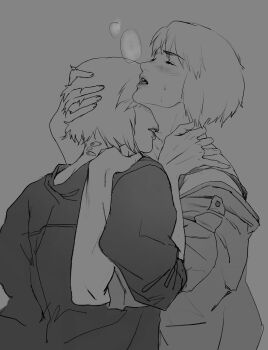 2girls aizheajsee black_outline closed_eyes ghost_in_the_shell ghost_in_the_shell:_stand_alone_complex grey_background greyscale highres kiss kissing_neck locked_arms monochrome multiple_girls neck outline subdermal_port yuri