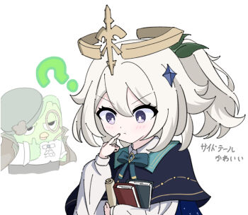 Rule 34 | 1girl, ?, alternate hairstyle, black eyes, book, bow, bowtie, capelet, closed mouth, commentary request, crystal hair ornament, duo (duolingo), duolingo, finger to mouth, frown, genshin impact, green bow, green bowtie, halo, holding, holding book, holding scroll, koojisandayo, long sleeves, official alternate costume, paimon (duolingo) (genshin impact), paimon (genshin impact), ponytail, scroll, shirt, simple background, thumbs up, translation request, upper body, white background, white hair, white shirt