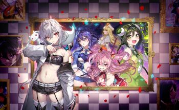 6+girls amano_suzune anniversary belt belt_buckle black_boots black_hair black_shirt black_shorts blonde_hair blue_butterfly blue_eyes blue_hair blue_hat blue_jacket boots braid breasts buckle bug bun_cover butterfly card_commentary checkered_background circle_skirt cleavage coat commentary copyright_name creature creature_on_shoulder crop_top double_bun eyelashes footwear_ribbon game_asset green_eyes green_hair grey_hair grey_ribbon guest_art gun hair_between_eyes hair_bun hair_intakes hand_on_own_chin handgun happy hat highres hinata_kagari hinata_matsuri holding holding_gun holding_weapon insect jacket kanade_haruka leotard light_blush long_sleeves loose_hair_strand low_twin_braids magical_girl mahou_shoujo_madoka_magica mahou_shoujo_madoka_magica_magia_exedra mahou_shoujo_suzune_magica medium_breasts midriff mikoto_tsubaki miniskirt mole mole_under_eye multiple_girls narumi_arisa newsboy_cap official_art on_shoulder orange_eyes petals picture_frame pink_eyes pink_shirt pleated_skirt purple_eyes red_skirt ribs rose_petals senri_gan shion_chisato shirt short_hair_with_long_locks short_shorts shorts siblings sidelocks single_bare_shoulder single_stripe singlet sisters skindentation skinny skirt standing striped_belt third-party_source twin_braids twins two_side_up vignetting weapon white_belt white_coat white_hat white_leotard yellow_eyes