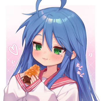 1girl :3 absurdres blue_hair blush chocolate_cornet commentary_request crumbs eating food food_on_face gradient_background green_eyes hair_between_eyes heart highres holding holding_food izumi_konata long_sleeves lucky_star mole mole_under_eye pink_sailor_collar purple_background qiu_ju ryouou_school_uniform sailor_collar school_uniform shirt sleeves_past_wrists solo upper_body white_background white_shirt