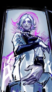 1boy alternate_costume aotsuki_eito black_shirt chinese_commentary commentary_request expressionless glasses grey_hair highres jiangxing427 looking_at_viewer male_focus pants perspective purple_eyes ringed_eyes shirt short_hair sitting solo the_hundred_line_-last_defense_academy- white_pants