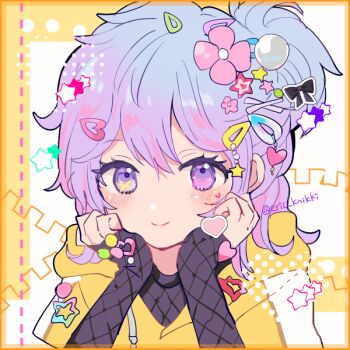 1girl blue_hair c: colorful eric_knikki fishnet_top fishnets gradient_hair hair_ornament hairclip half_updo head_on_hands heterochromia hood hood_down hoodie identity_v layered_sleeves long_sleeves looking_at_viewer multicolored_hair official_alternate_costume pink_eyes portrait purple_eyes purple_hair short_over_long_sleeves short_sleeves smile solo too_many_hair_ornaments twitter_username vera_nair vera_nair_(buffy) yellow_eyes yellow_hoodie