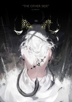 1girl arm_strap bare_back black_horns black_tail commentary curled_horns demon_tail dress english_commentary english_text from_behind grey_hair highres horns lewdlily66 long_hair median_furrow revision solo tacet_mark_(wuthering_waves) tail tail_around_own_waist white_dress wuthering_waves zani_(wuthering_waves)