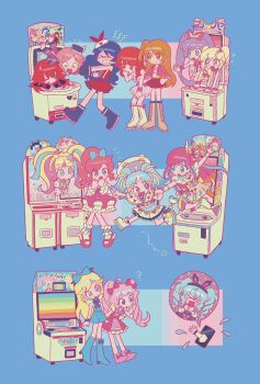 &gt;_&lt; 6+girls :d ? ageha_mia ahoge amamiya_rizumu animal_hat aozora_himari arcade_cabinet ayase_naru bare_shoulders blonde_hair blue_background blue_bow blue_eyes blue_hair blunt_bangs boots bow brown_eyes brown_hair cat_hat closed_eyes constricted_pupils dress fukuhara_ann full_body green_eyes hair_bow hand_up harune_aira hat hibino_matsuri hibino_matsuri_(primagista) highres himitsu_no_aipri hoshikawa_mitsuki idol_clothes idol_land_pripara idol_time_pripara in-franchise_crossover katasumi_amari kiratto_pri_chan knee_boots lau_(laustar30) long_hair long_sleeves looking_at_another manaka_laala momoyama_mirai morizono_wakana multicolored_hair multiple_girls myamu nijinosaki_dia one_side_up open_mouth pink_boots pink_bow pink_dress pink_hair pink_shoes ponytail pretty_rhythm pretty_rhythm_aurora_dream pretty_rhythm_dear_my_future pretty_rhythm_rainbow_live pretty_series pripara purple_eyes purple_hair red_eyes red_hair renjouji_beru ringlets rinne_(pretty_rhythm) shoes short_hair sidelocks smile speech_bubble spoken_character standing streaked_hair suzuno_ito takanashi_otoha through_medium through_screen twintails two_side_up very_long_hair waccha_primagi! yumekawa_yui