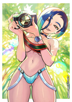 Rule 34 | 1girl, :d, arcanine, black choker, blue hair, border, breasts, brown eyes, camera, choker, day, gen 1 pokemon, holding, holding camera, looking at viewer, looking down, loose hair strand, mixed-language commentary, multicolored hair, navel, nintendo, open mouth, outdoors, panties, perrin (pokemon), pokemon, pokemon sv, pokemon tcg, redjet, reflection, smile, solo, teeth, topless female, underwear, upper teeth only, watch, watermark, web address, white border, wristwatch