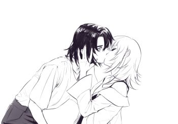 1boy 1girl assertive_female athrun_zala bare_shoulders black_hair cagalli_yula_athha closed_eyes commentary_request couple gundam gundam_seed hair_between_eyes hand_in_another's_hair hetero highres inhouhou jacket kiss korean_commentary off-shoulder_jacket off_shoulder parted_bangs shirt upper_body white_background white_jacket white_shirt