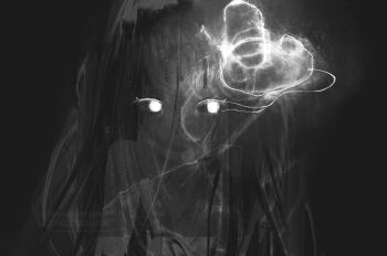 Rule 34 | 1girl, absurdres, black background, dark, facing viewer, glowing, greyscale, high contrast, highres, long hair, monochrome, no mouth, original, seyooe, sideways glance, solo, upper body