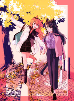 2girls alternate_costume animal_ears artist_name bag balancing bandaid bandaid_on_face bandaid_on_nose belt black_boots black_hair black_pants black_shirt blush boots breasts brown_skirt cardigan casual center_frills commentary_request ear_ornament frills highres holding holding_bag horse_ears horse_girl horse_tail jacket jacket_on_shoulders leaf loafers long_sleeves mayano_top_gun_(umamusume) multiple_girls narita_brian_(umamusume) open_mouth orange_eyes orange_hair outdoors outstretched_arms pants ponytail purple_shirt shirt shirt_tucked_in shoes signature skirt small_breasts smile spread_arms tail tree twitter_username two_side_up umamusume walking white_jacket yellow_eyes yonu_(yonurime)